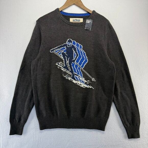 Vintage Urban Pipeline Sweater men's Large Gray Downhill Ski Knit Graphic y2k - Picture 1 of 10